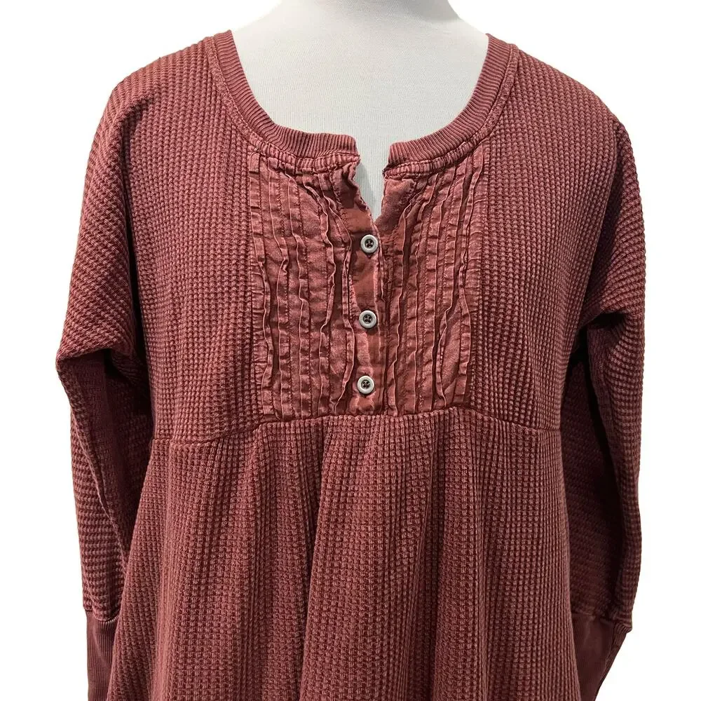 Free People FP ONE Jolene Waffle Knit Thermal Henley Tiered Mini Dress Wine S